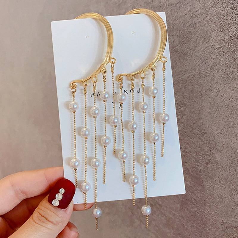 New Popular Design Water Drop Pearls Tassel Clip Earrings for Women Charm Jewelry Temperament Accessories Wedding Party Ins Hot