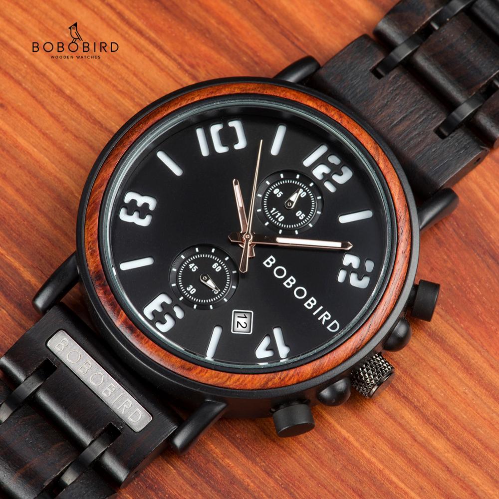 BOBO BIRD Mens Watch Wood Stainless Steel Luxury Brand Quartz Wrist Watches Waterproof Clock in Wooden Gift Box reloj hombre