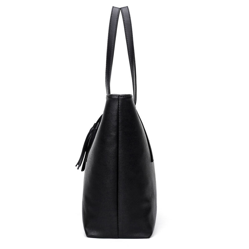 Vintage Black Tassel Tote Bag for Women High Quality Leather Shoulder Bag Large Capacity Top-handle Bag Shopping Lady Purse sac