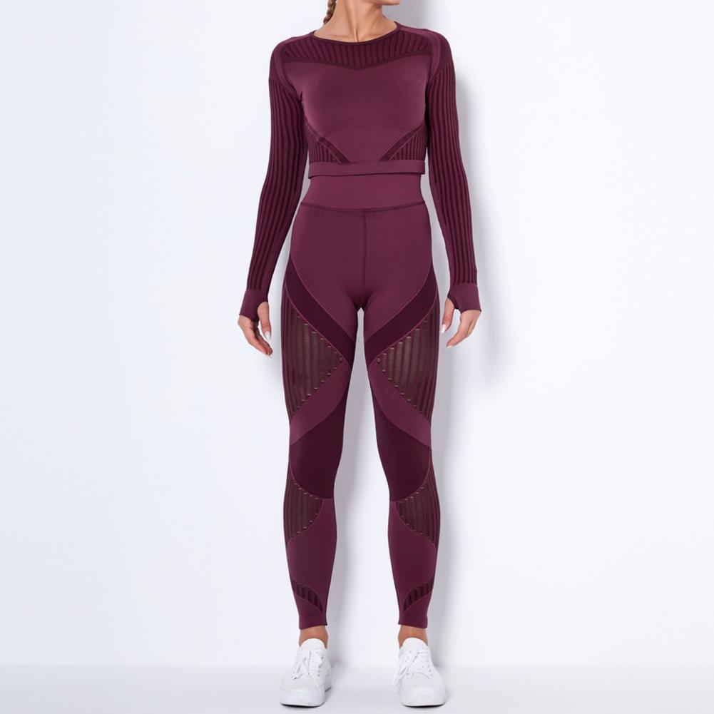 Tracksuit Women Solid Color Yoga Outfit Seamless Two Piece Striped Women Blouse Leggings Set Female Tights Women's Clothing