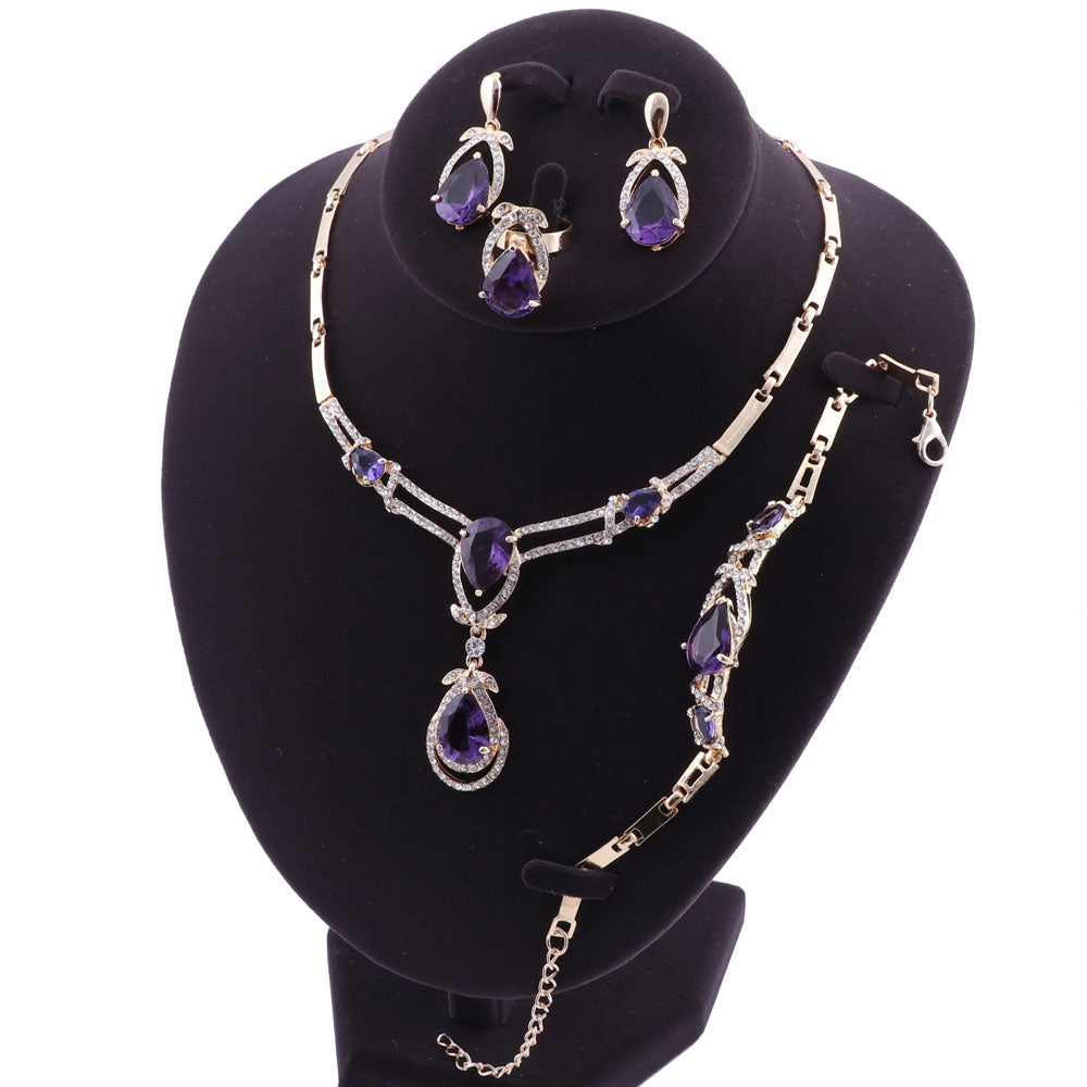 Women Gold Color Purple Zircon Crystal African Beads Necklace Bracelet Earring Ring Saudi Jewelry Set Party Bridal Decoration