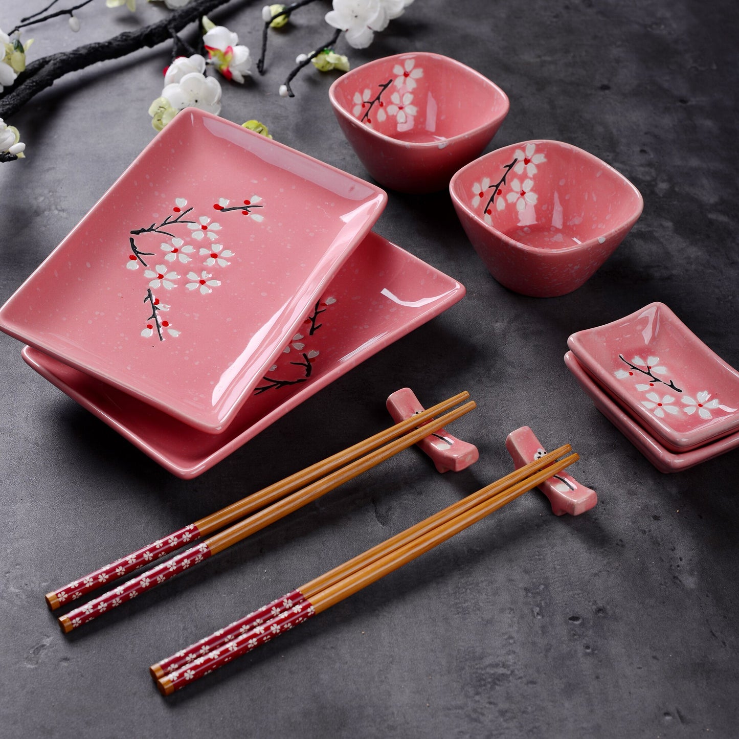 Panbado Japanese Style Pink Porcelain Sushi Set with 2*Sushi Plate,Bowl,Dip Dishes,Bamboo Chopstick,Sticks Stand Set Gift Box