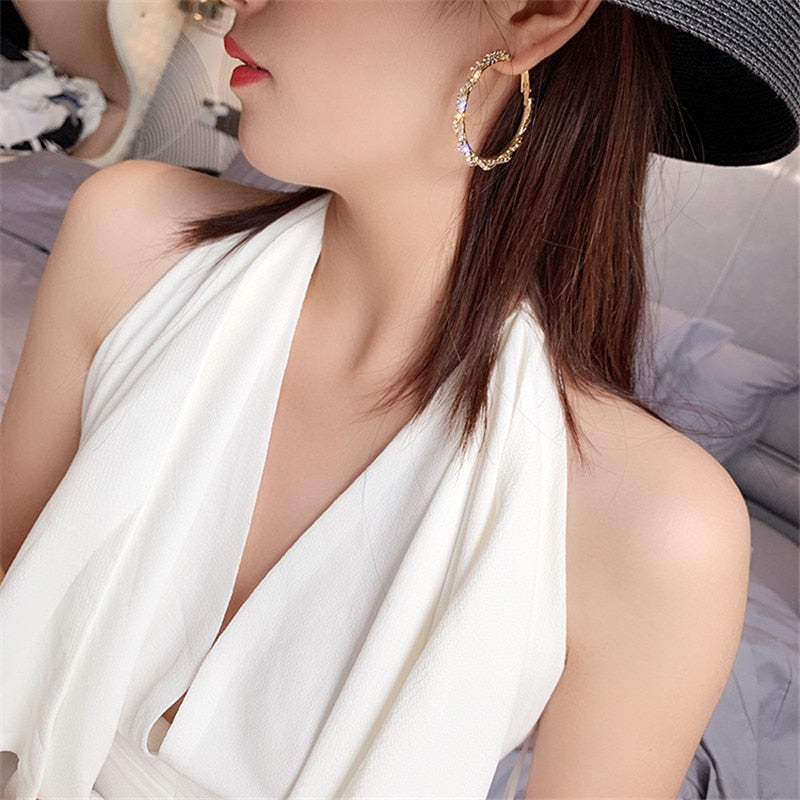 FYUAN Round Hoop Earrings Shiny Screw Crystal Earrings for Women Statement Earrings Party Gifts