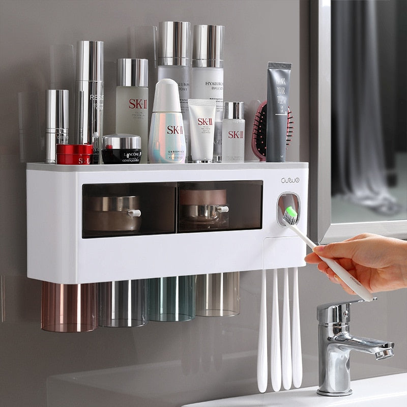 Bathroom Accessories Set Magnetic Adsorption Inverted Toothbrush Holder Automatic Toothpaste Dispenser Squeezer Storage Rack