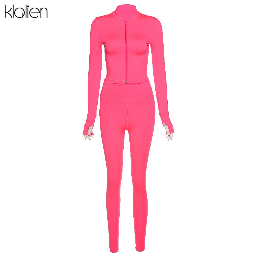 KLALIEN Fashion Casual Simple Solid Sports Two Piece Set Autumn Long Sleeve Zipper Top and Pant Female Tracksuit 2020 Streetwear