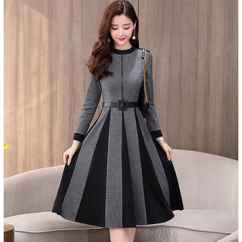 Casual Little Plaid Spliced Hem Pleated A-Line Dresses Women Fall Vintage Belted Long Sleeve Dress Elegant Knee-Length Vestidos