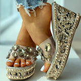 Doratasia brand design crystals rivets clear platform high heels leisure slipper wedges sandals women summer shoes female