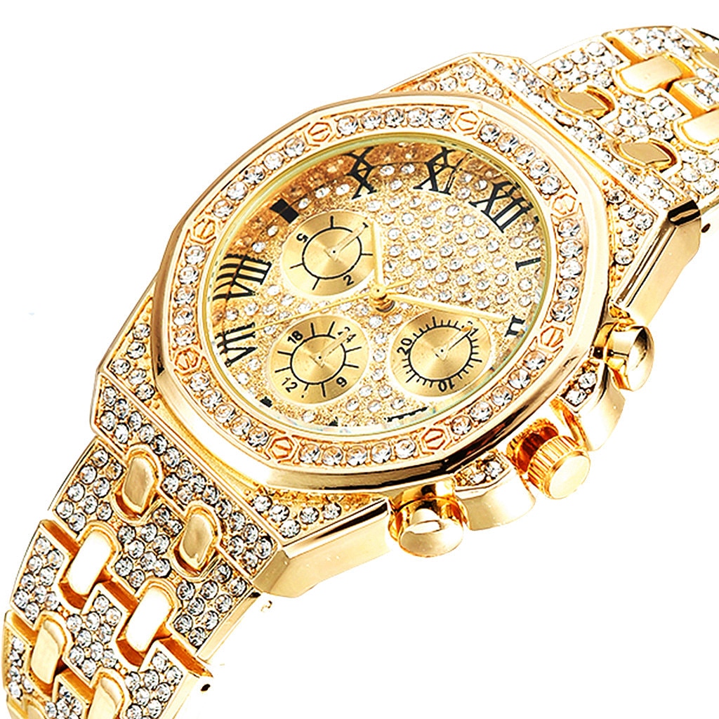 Luxury Iced Out Watch for Men Women Hip Hop Miami Bling CZ Cuban Chain Big Gold Chain Necklace Paved Rhinestones Men Jewelry Set