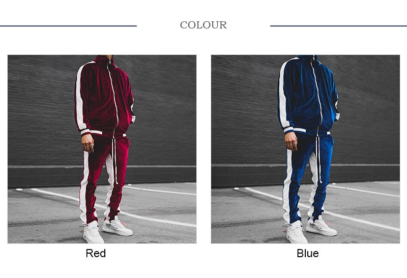 2 Piece Set Tracksuit Men Spring Autumn Striped Jackets Sweatshirts + Pocket Pants Casual Gold Velvet Suit Sport Jogging Set