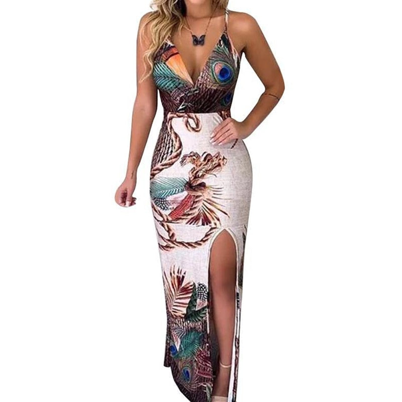 Hirigin Boho Floral Women Dress Sexy Ladies Sleeveless Bodycon Prom Evening Party Summer Beach Casual Long Sundress