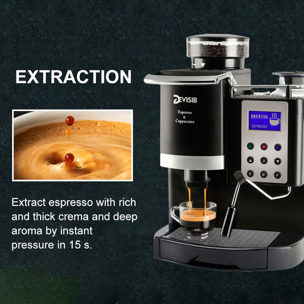 DEVISIB 20Bar Professional Coffee Machine 3 in 1 Espresso Maker With Auto Coffee Grinder for Home Office Small Coffee Shop Using