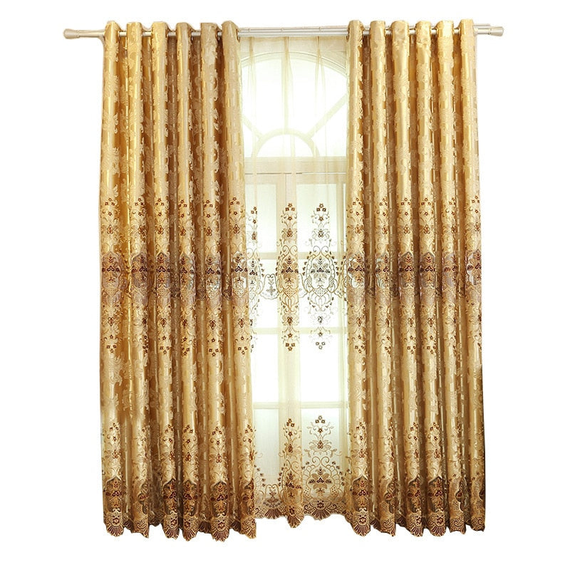 European Style Curtains for Living Dining Room Bedroom Hollow Embroidery Curtains Tulle Yellow Fabric Embroidery Window Valance