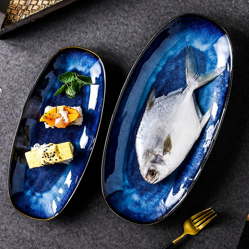 Ceramic Plate Japanese Style Dishes Kiln Change Cat Eye Blue Fish Plate Household Steamed Large Glaze Color Creative Sushi Plate