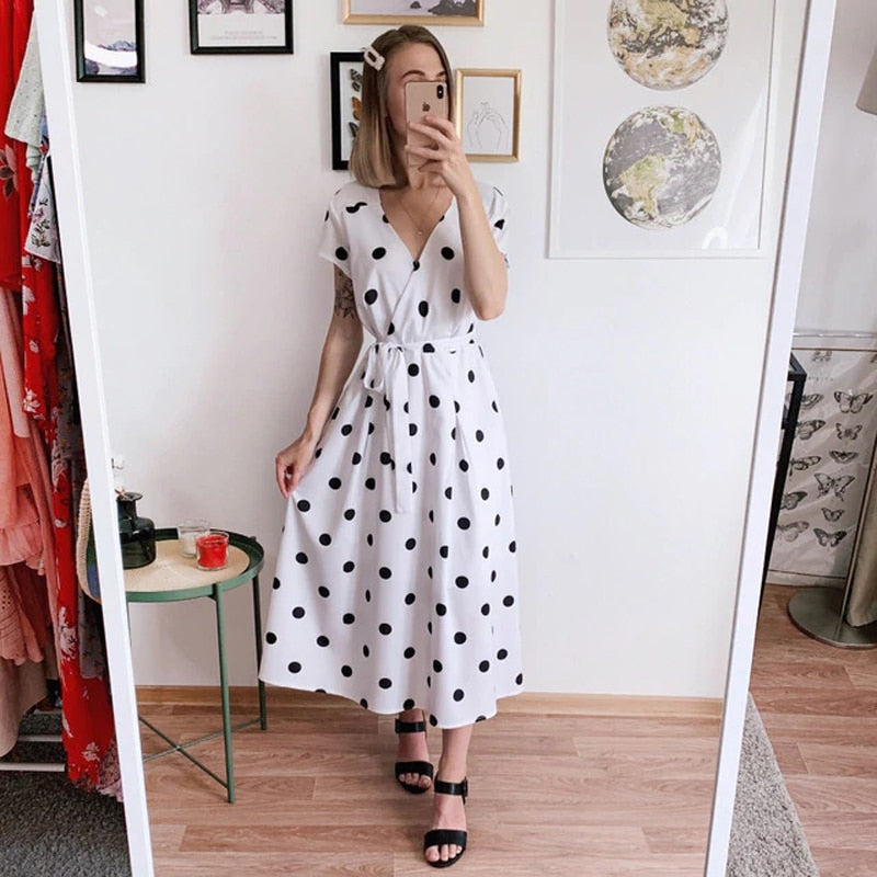 Lossky Summer Women Vintage Long Dress Casual Polka Dot Print Party Short Sleeve Dresses Sexy V-neck Fashion Woman Clothes y2k