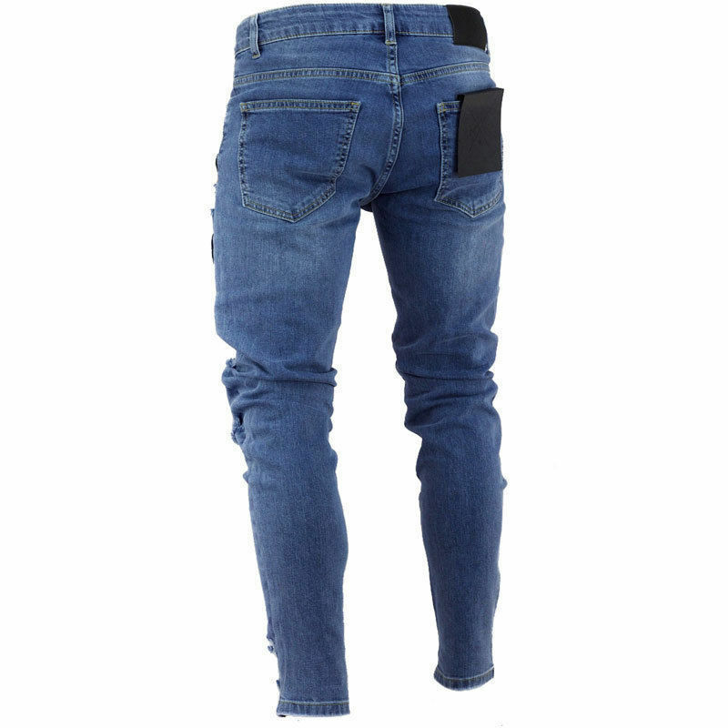 New Fashion Mens Skinny Jeans Rip Slim fit Stretch Denim Distress Frayed Biker Scratchted Hollow out Long Jeans Boy Zone