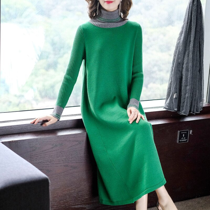 Winter Vintage Women's Turtleneck Black Sweater Dress 2021 Autumn Long Casual Knitting Maxi Dress Elegant Bodycon Party Vestidos