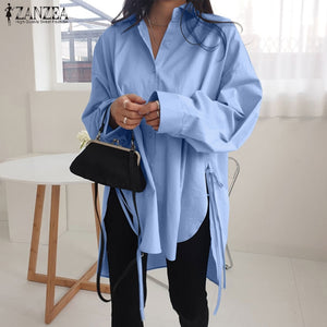 Stylish Solid Shirts Women's Asymmetrical Blouse 2021 ZANZEA Casual Lace Up Blusas Female Button Lapel Shirt Oversized Tunic 5XL