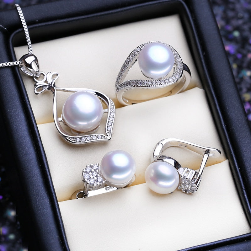 FENASY 925 Sterling Silver Pendant Necklace Natural Pearl Jewelry Sets For Women Classic Stud Earrings Fashion Party Rings