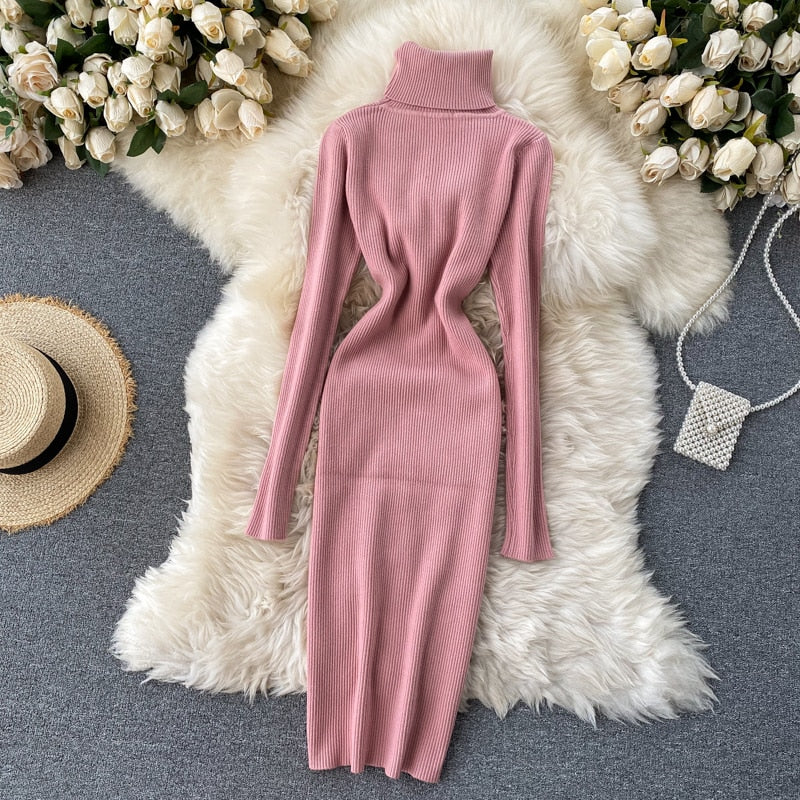 Dresses for Women 2022 Sexy Turtleneck Knitted Bodycon Dress Women Autumn Winter Long Sleeve Sweater Dress