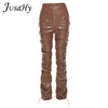 JusaHy Faux PU Leather Pleated High Waist Black Stacked Pant Women Slim Hipster Street Style Long Trousers Hot Sale Trend Female