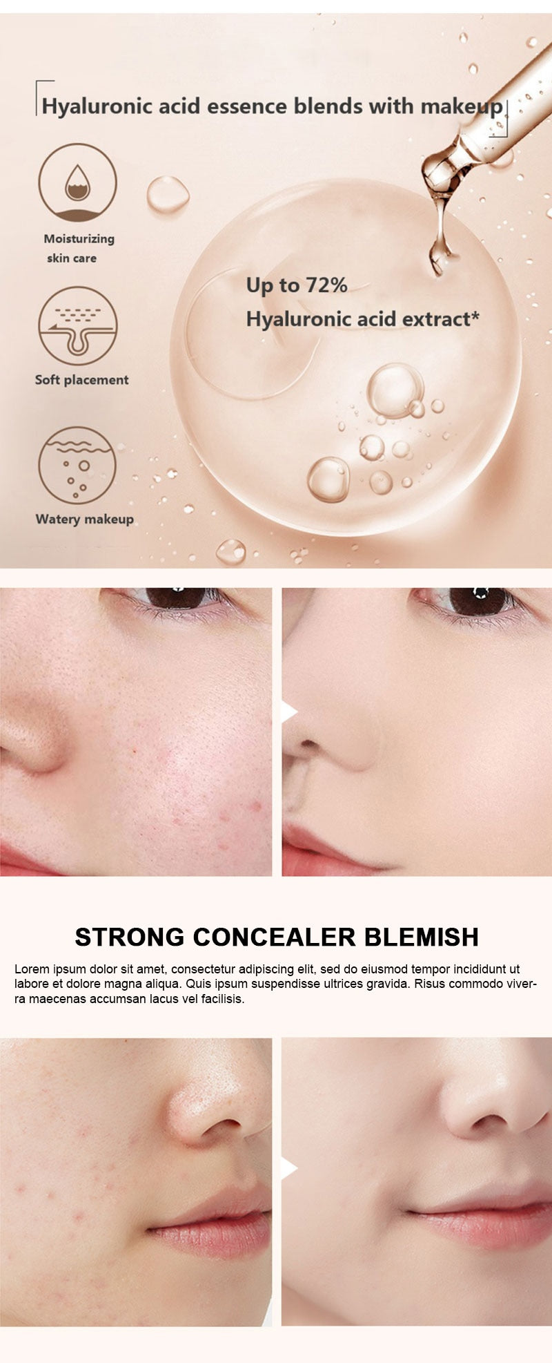 New 60ML Hyaluronic acid bb cream skin care liquid foundation for Whitening Brightening Hydrating Concealer Dry Skin foundation