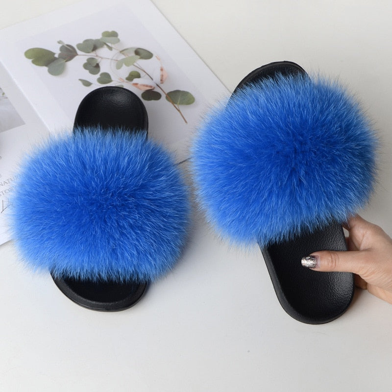 Women Summer Furry Fur Slippers Flat Non-slip Solid Real Fox Fur Slides Fluffy Slippers Ladies Shoes Woman Home Slipper