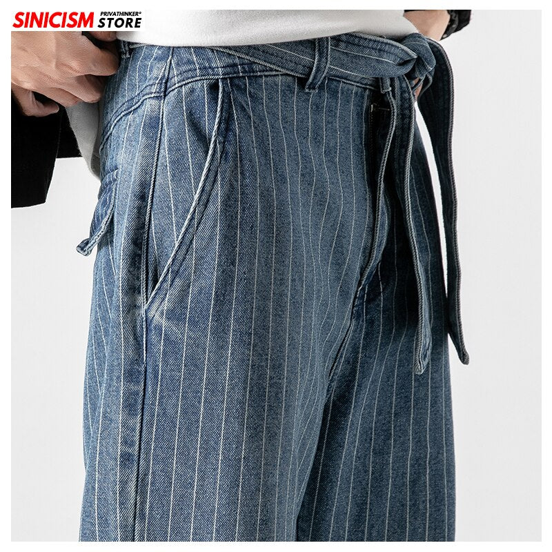 Idopy Fashion Mens Trend Stretchy Harem Jeans Drawstring Comfy Striped Harem Comfortable Cuffed Trousers Joggers For Male