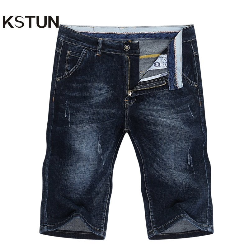 KSTUN Summer Shorts Jeans Men Denim Pants Stretch Dark Blue Fashion Design Men's Jeans Slim Straight Male Short Jeans Hombre