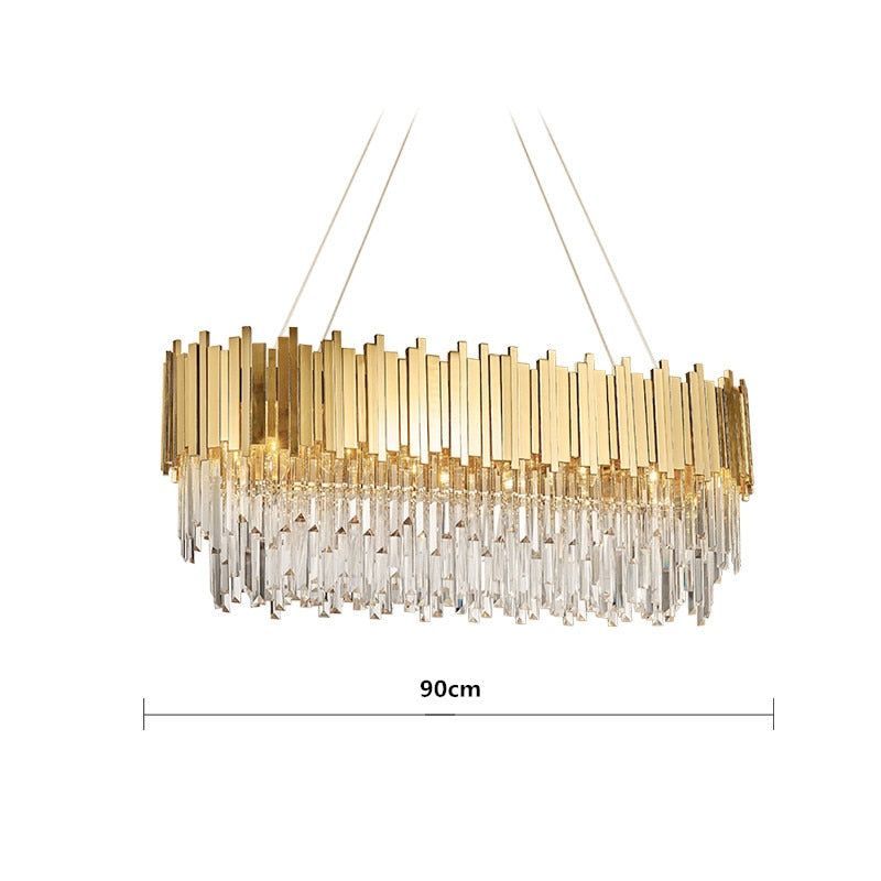 Luxury Plated Gold Metal Led Pendant Lights E14 Lustre K9 Crystal Luminarias Dining Room Straight Pendant Lamp Lighting Fixtures