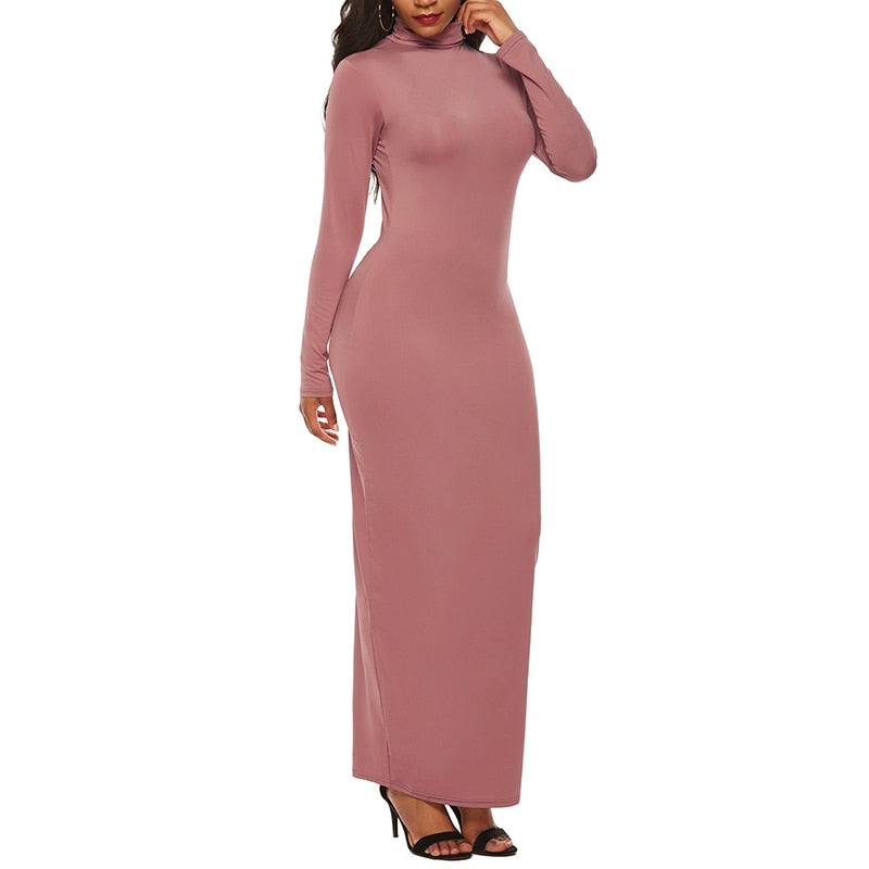 Turtleneck Long Dress Autumn Winter Muslim Elegant Office Lady Skinny Long Sleeve Bodycon Casual Dress Women Midi Clubwear