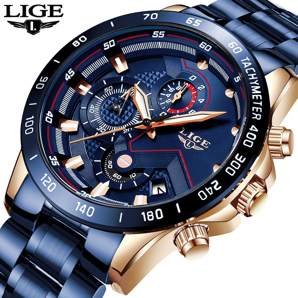 2022 New LIGE Fashion Mens Watches Stainless Steel Top Brand Luxury Sport Chronograph Quartz WithWatch For Men Relogio Masculino