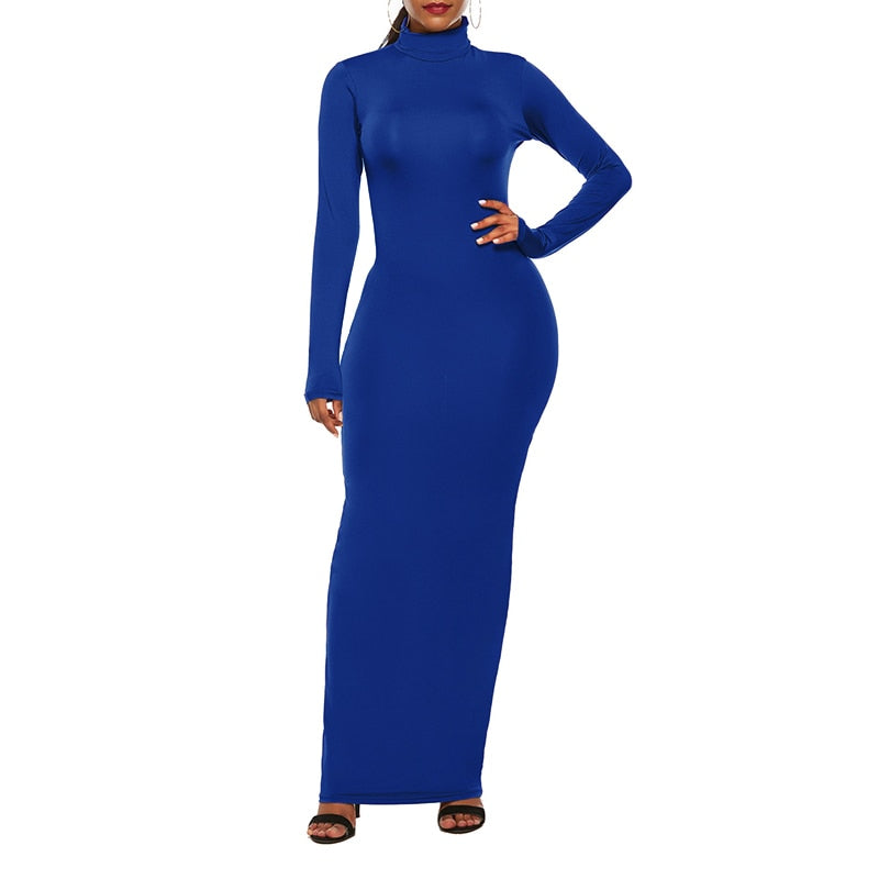 Turtleneck Long Dress Autumn Winter Muslim Elegant Office Lady Skinny Long Sleeve Bodycon Casual Dress Women Midi Clubwear