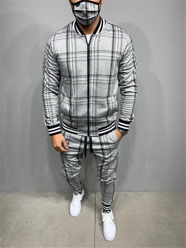 2021 New gyms Men's Sets 2 Pieces Sets Tracksuit Men's Jackets+Pants suit Sportwear Gentlemen Plaid Mens Sports Suit men Clothes