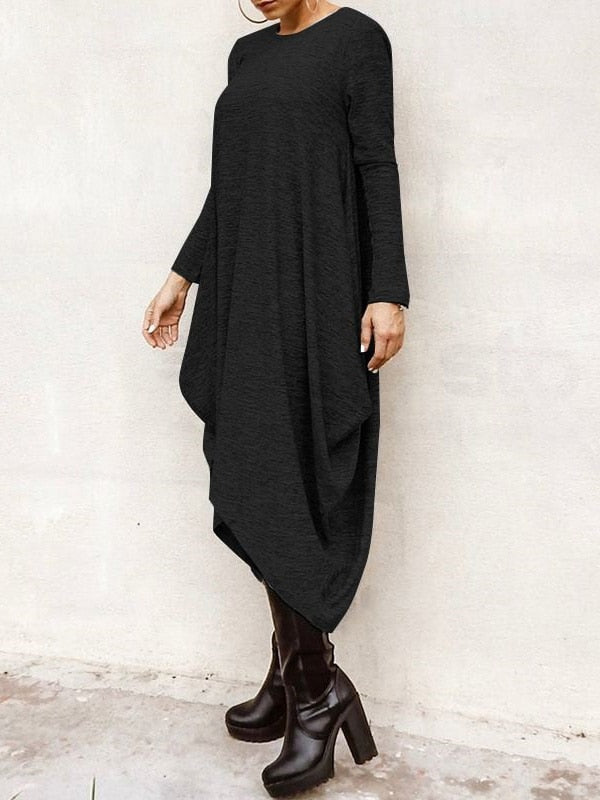 Oshoplive New Autumn 2021 Hot Sale Casual Irregular Vintage Dress Women Simple Solid Color Round-Neck Long Sleeves Midi Dress