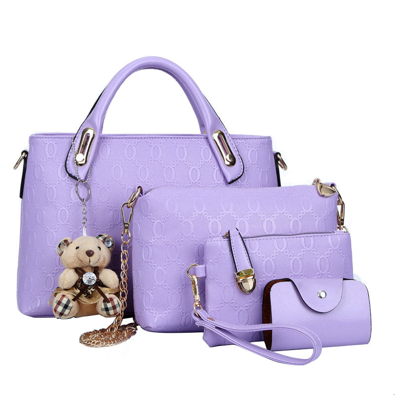 4Pcs/Set Elegant Ladies Bear Pendant Handbag Shoulder Bag Girls Fashionable PU Leather Casual Messenger Tote Bag