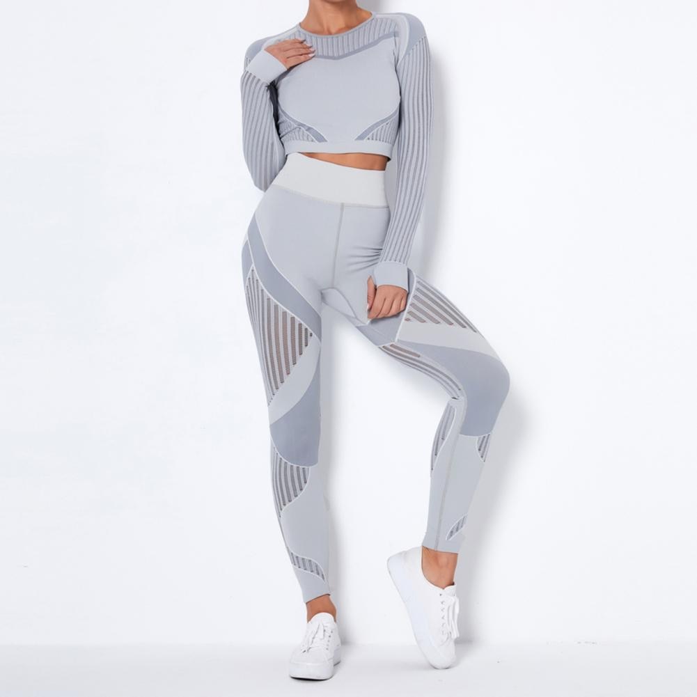 Tracksuit Women Solid Color Yoga Outfit Seamless Two Piece Striped Women Blouse Leggings Set Female Tights Women's Clothing