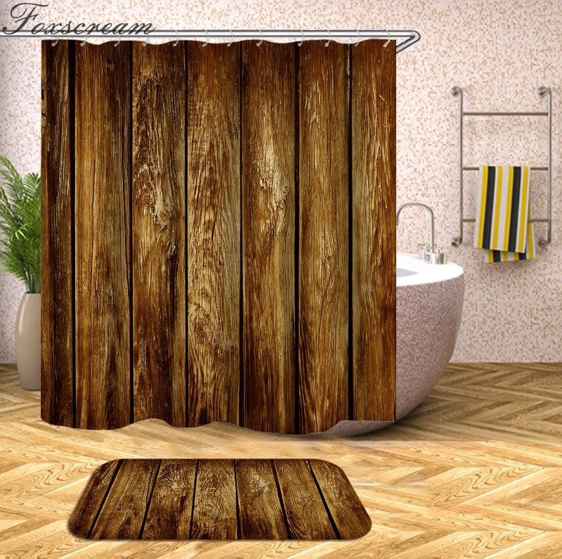 wooden 3D Shower Curtains Waterproof fabric shower curtains with hooks bathroom curtain funny bath curtain or mat