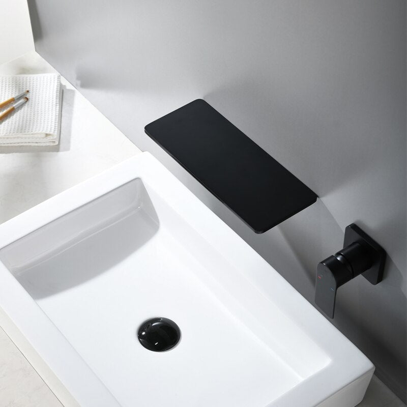 Wall Mounted Basin Faucet Matt Black Brass Bathroom Waterfall Mixer Water Tap Bathroom Cold And Hot Water Taps