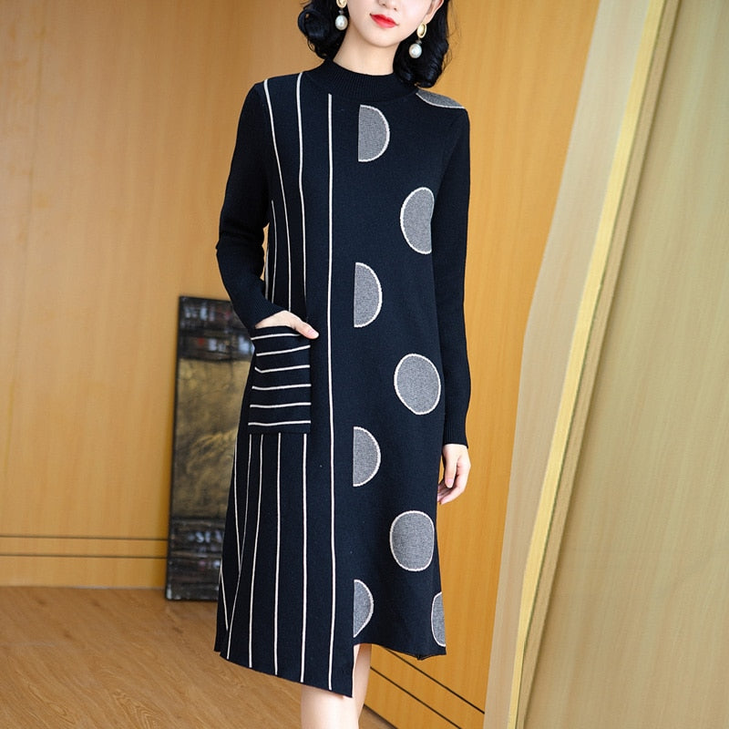 long sleeve knitted vintage women causal loose midi autumn winter sweater dress elegant clothes 2021 ladies dresses