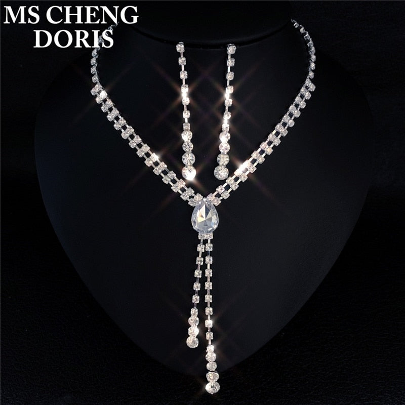 Water Drop Rhinestone Long Pendant Full Crystal Silver Plated Necklace & Earrings Elegant Bridal Wedding Jewelry Set