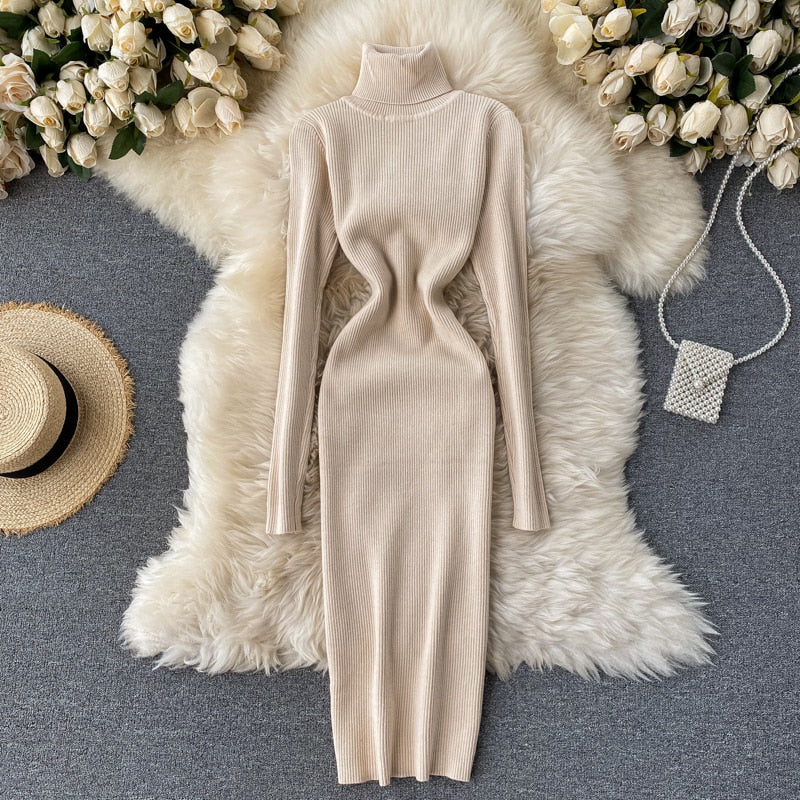 Dresses for Women 2022 Sexy Turtleneck Knitted Bodycon Dress Women Autumn Winter Long Sleeve Sweater Dress