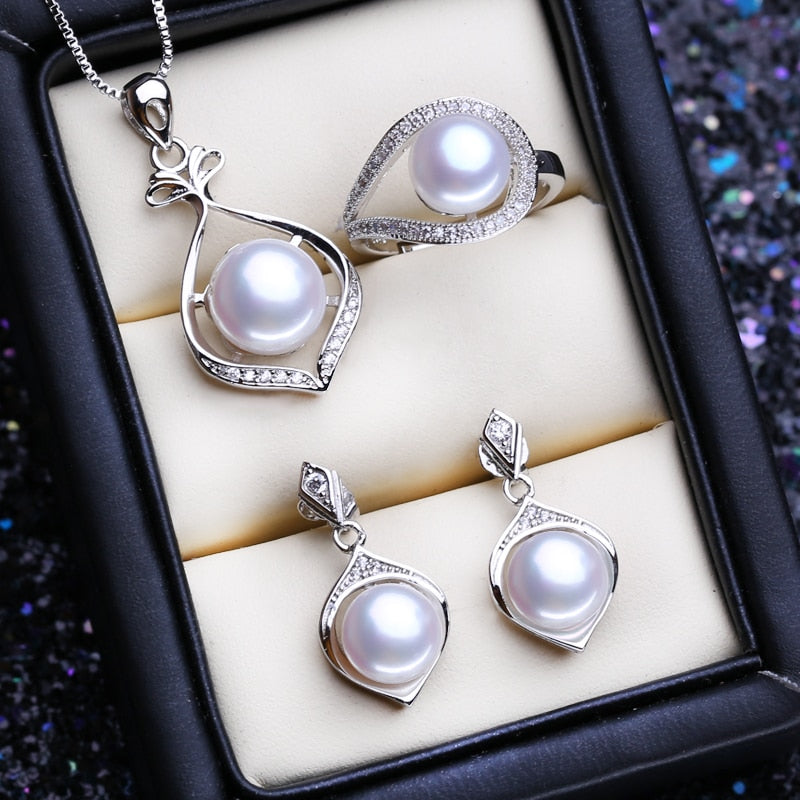 FENASY 925 Sterling Silver Pendant Necklace Natural Pearl Jewelry Sets For Women Classic Stud Earrings Fashion Party Rings