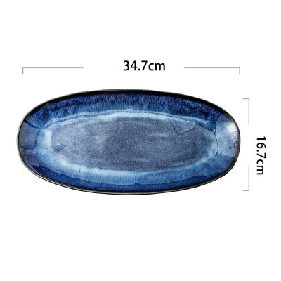 Ceramic Plate Japanese Style Dishes Kiln Change Cat Eye Blue Fish Plate Household Steamed Large Glaze Color Creative Sushi Plate