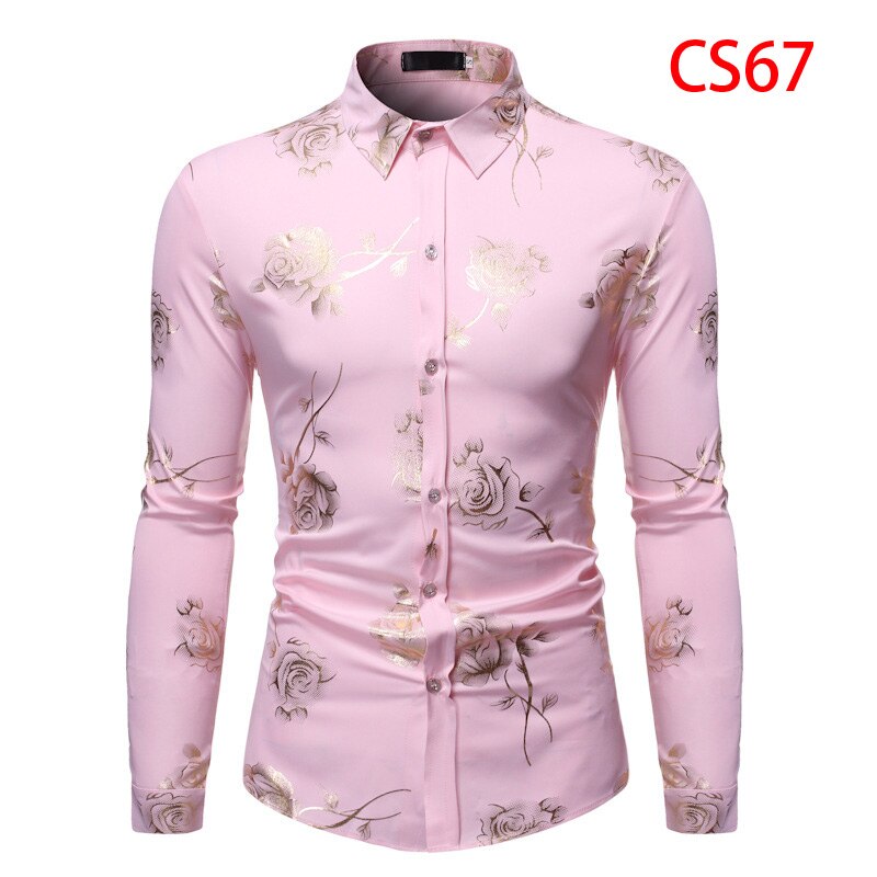 Mens Gold Rose Floral Print Shirts 2019 Brand Floral Steampunk Chemise White Long Sleeve Wedding Party Bronzing Camisa Masculina