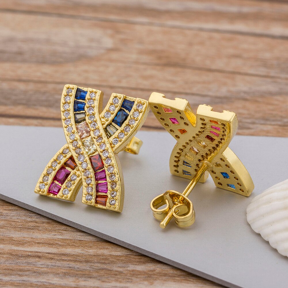 Original Design Copper Zircon Luxury Colorful Rainbow Huggie Earrings Woman Girls Good Price Stud Earrings Jewelry Gift