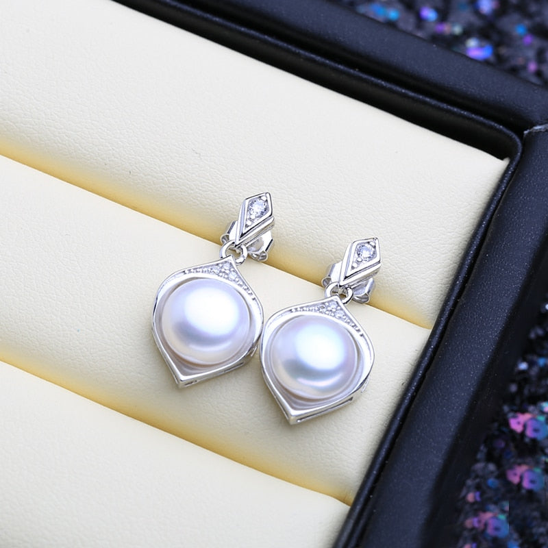 FENASY 925 Sterling Silver Pendant Necklace Natural Pearl Jewelry Sets For Women Classic Stud Earrings Fashion Party Rings