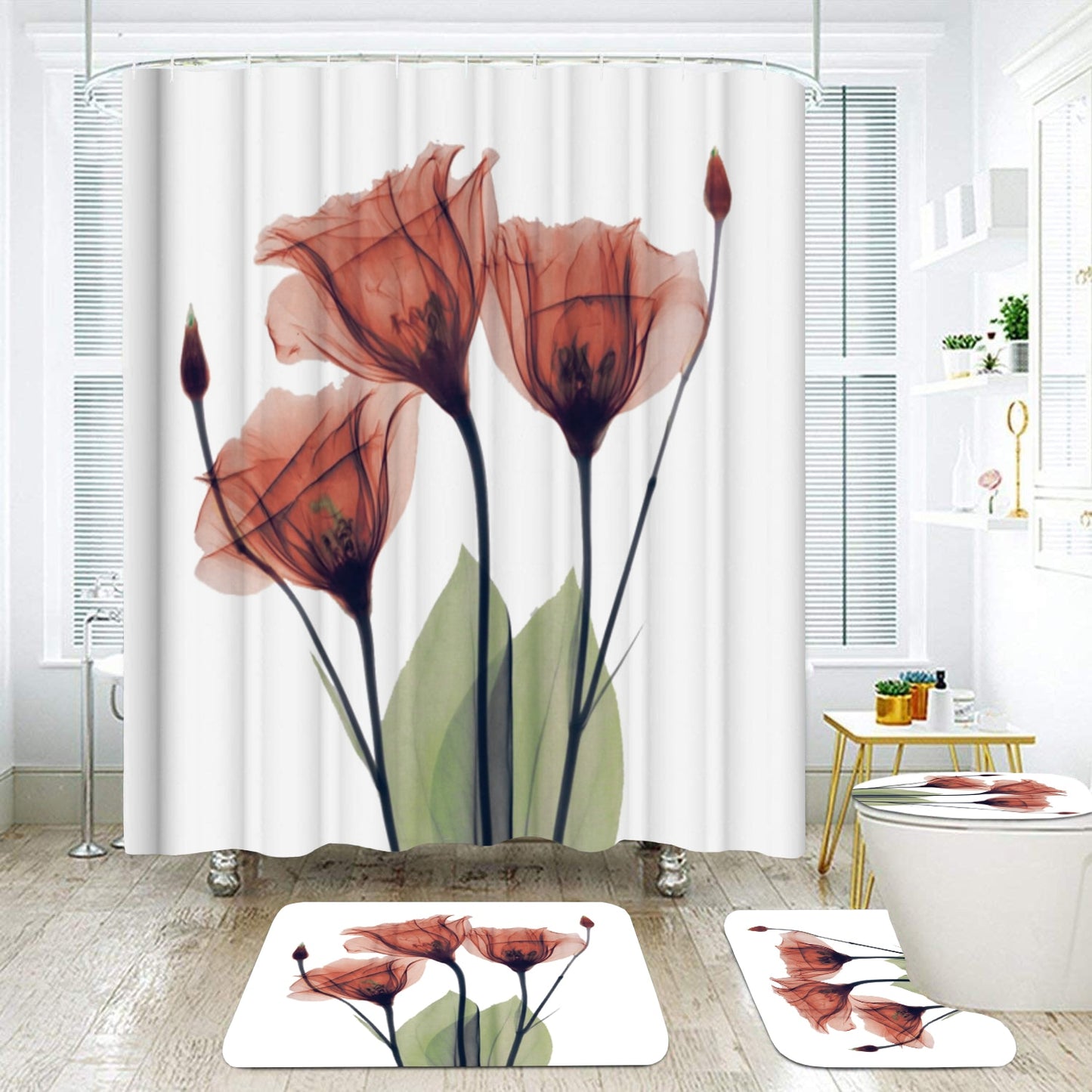 Colorful Tulip Lotus Flowers Trees Shower Curtain Sets Non-Slip Rugs Toilet Lid Cover and Bath Mat Waterproof Bathroom Curtains