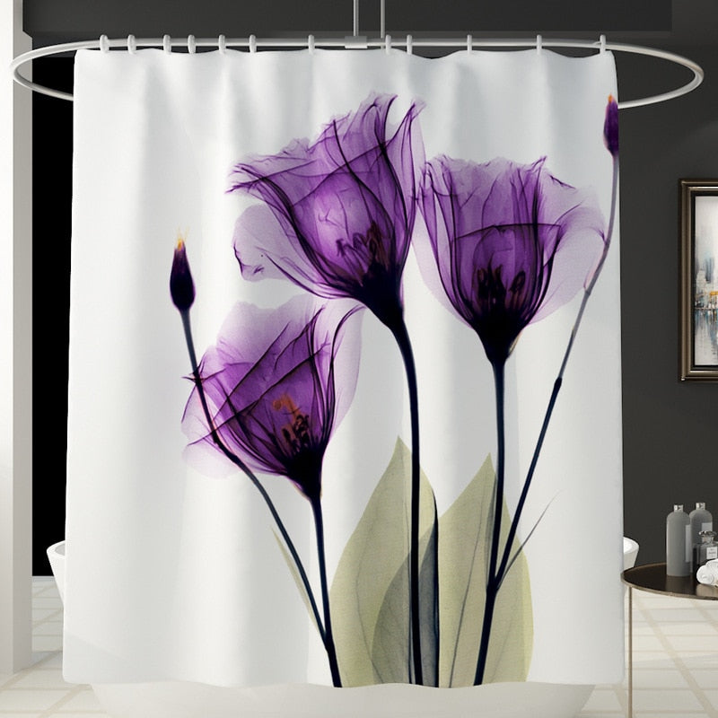 Colorful Tulip Lotus Flowers Trees Shower Curtain Sets Non-Slip Rugs Toilet Lid Cover and Bath Mat Waterproof Bathroom Curtains