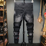 Men's Print Ripped Stretch Denim Black Skinny Jeans Fashion Streetwear Fancy Color Letters Painted Tapered Pencil Pants Trousers