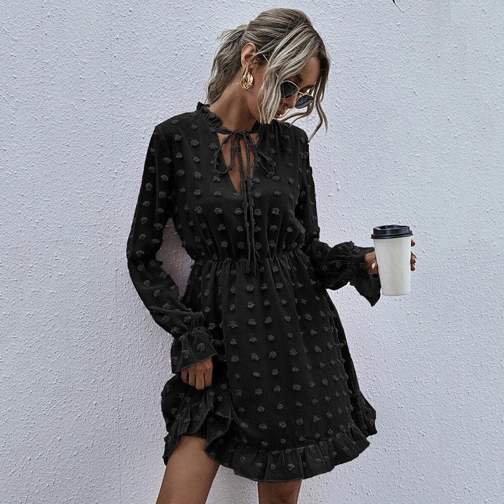 Elegant Black Long Sleeve Dress Women 2021 Chiffon Lace Casual Ruffle Office Dresses Ladies Mini Sundress Vestidos Mujer